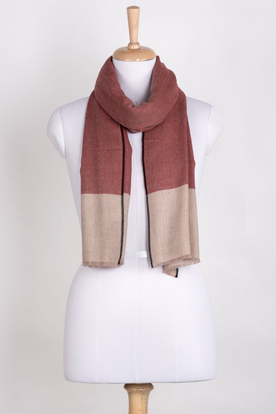 Twill Weave Two Tone Merino Wool Scarf - Red Beige-0