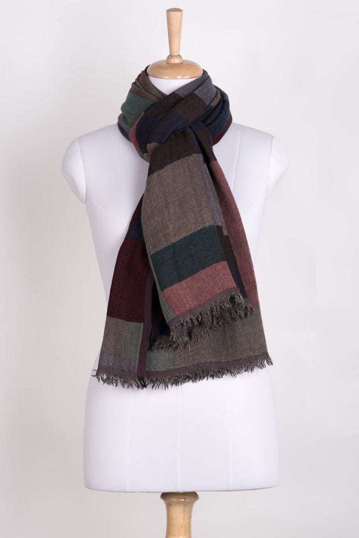 Mix Checks Jacquard Merino Wool Scarf - Red Blue Multi-1