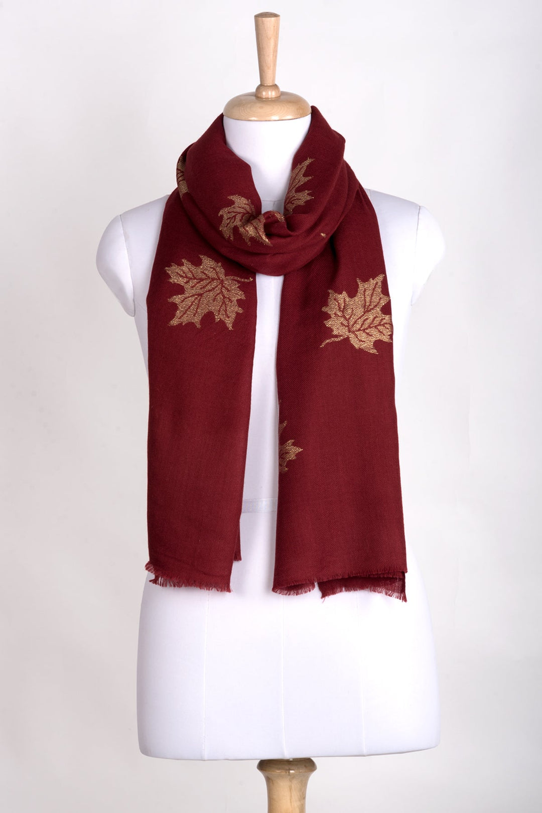 Gold Maple Leaf Cashmere Wool Scarf - Crimson-0