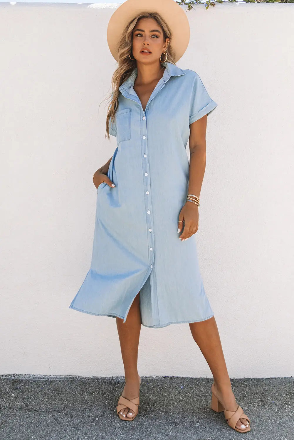 Sky Blue Chambray Shirt Short Sleeves Midi Dress-3