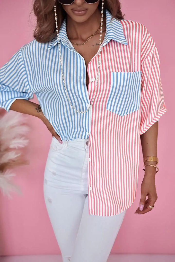 Sky Blue Contrast Striped Print Shirt-0