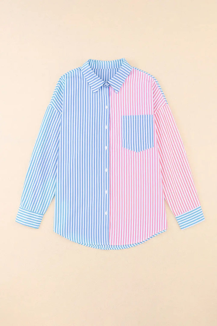 Sky Blue Contrast Striped Print Shirt-3