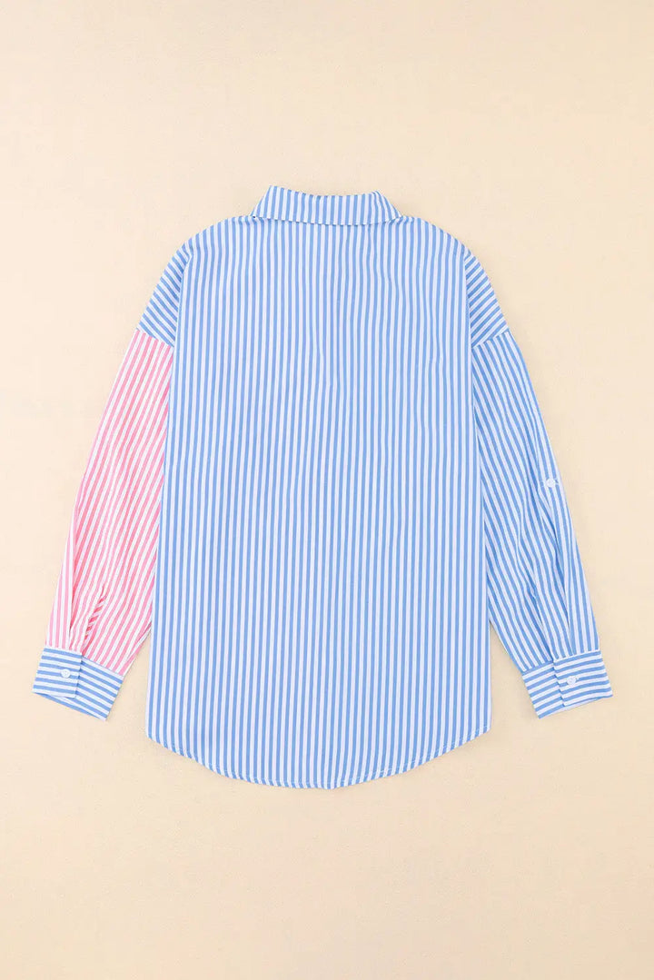 Sky Blue Contrast Striped Print Shirt-4