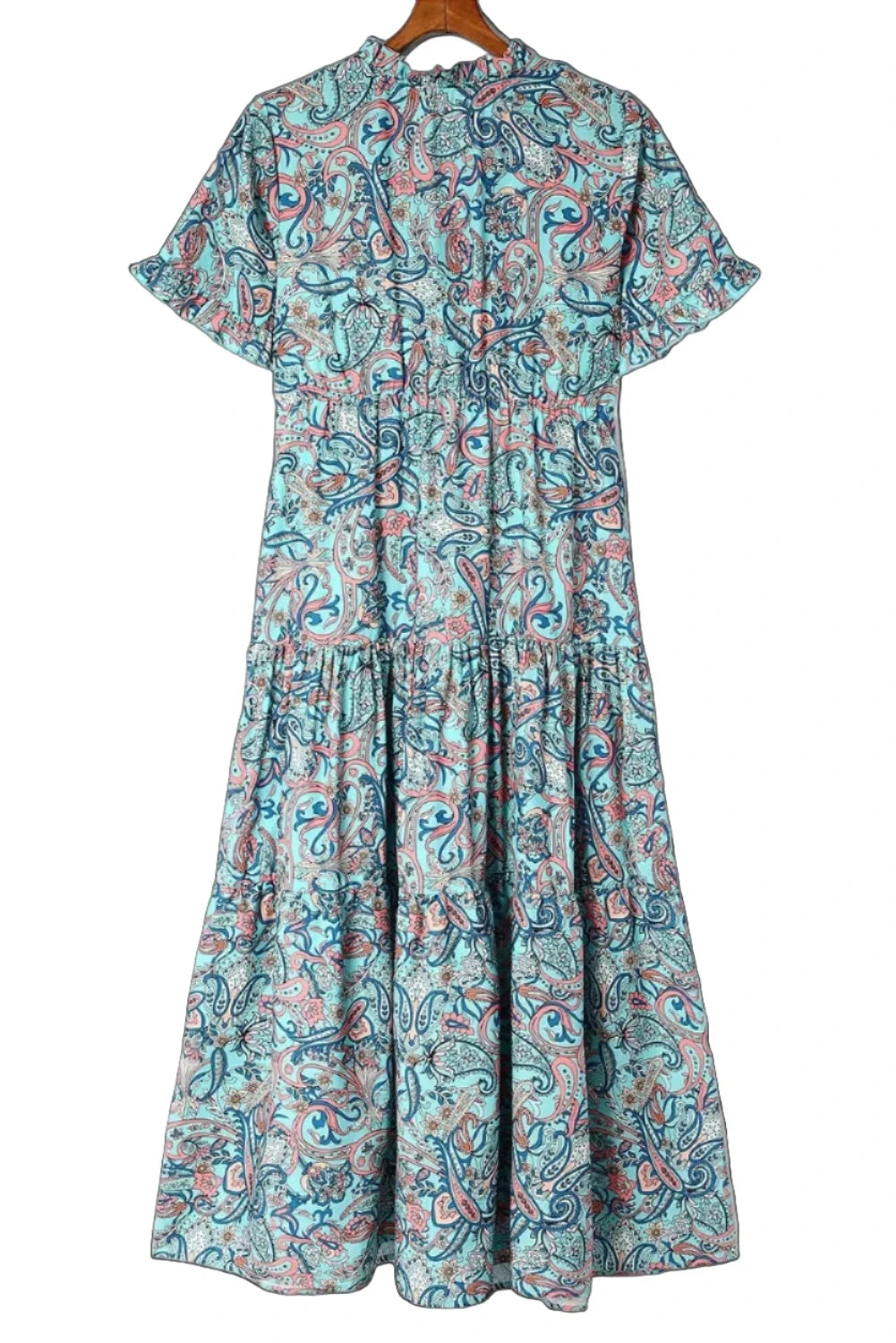 Sky Blue Paisley Print Boho Holiday Ruffle Tiered Maxi Dress