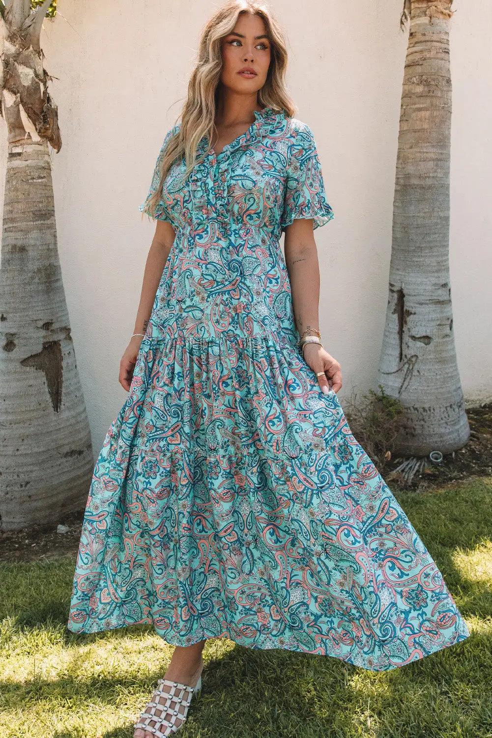 Sky Blue Paisley Print Boho Holiday Ruffle Tiered Maxi Dress Sky Blue Paisley Print Boho Holiday Ruffle Tiered Maxi Dress