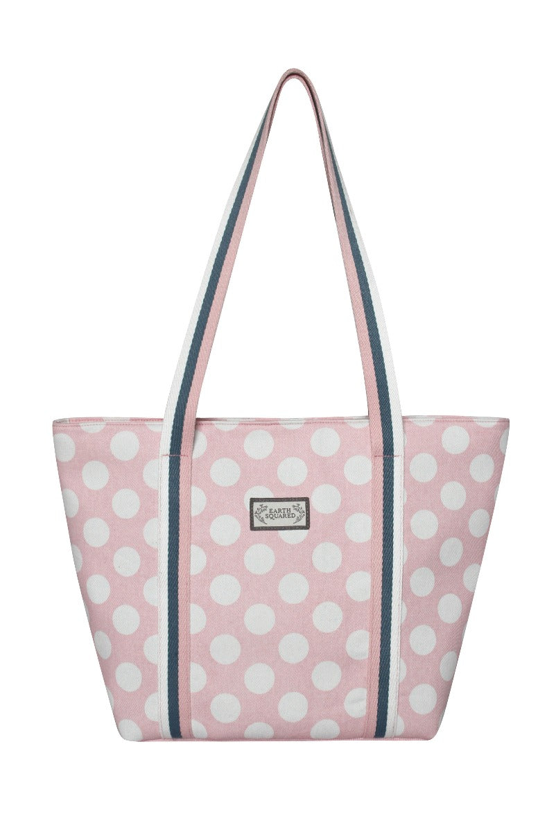 Lily Ella Collection pink and white polka dot canvas tote bag with logo patch and striped straps, stylish everyday accessory for women