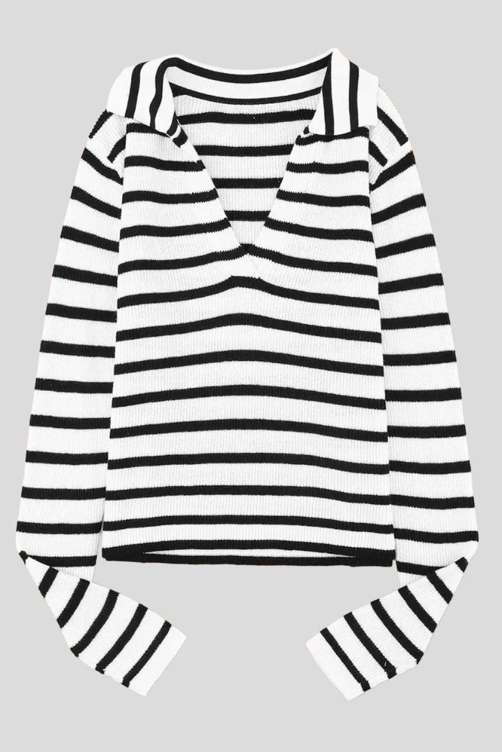 Stripe Collared V Neck Lightweight Knit Casual Sweater-6