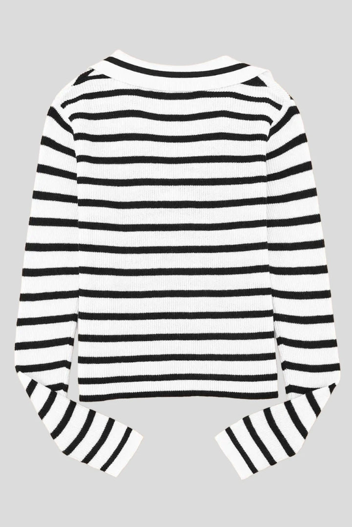 Stripe Collared V Neck Lightweight Knit Casual Sweater-7