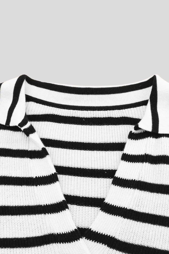 Stripe Collared V Neck Lightweight Knit Casual Sweater-8