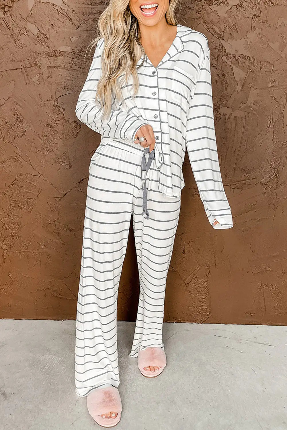 Striped Print Long Sleeve and Pants Pajamas Set-0
