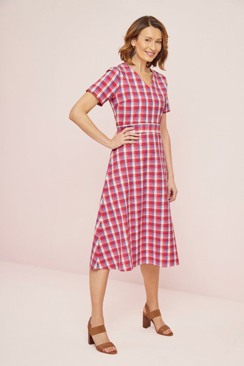 Lily Ella Collection red and blue plaid dress, A-line style, mid-length with short sleeves, paired with brown heeled sandals, stylish women's daywear