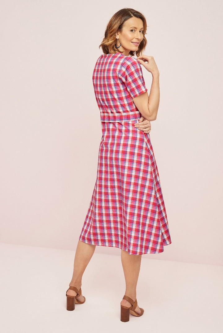 Lily Ella Collection elegant mid-length plaid dress in pink and blue, stylish summer outfit for women, versatile day-to-night apparel.