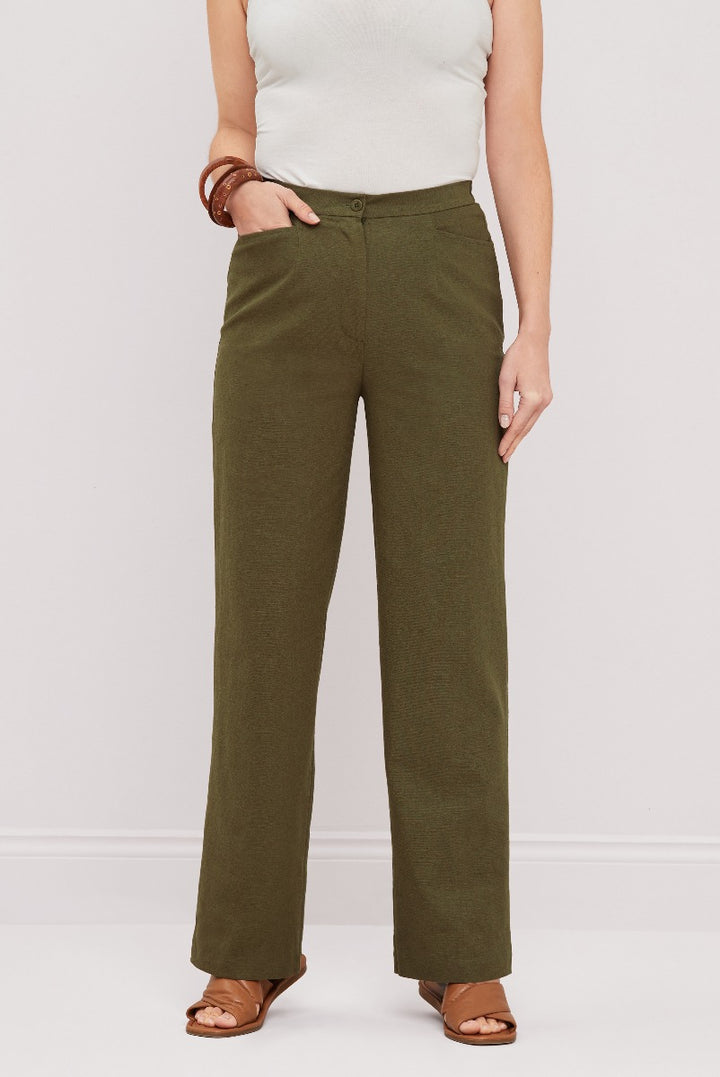Lily Ella Collection olive green wide-leg trousers, stylish and comfortable fit, casual chic women's fashion, paired with white top and brown sandals.