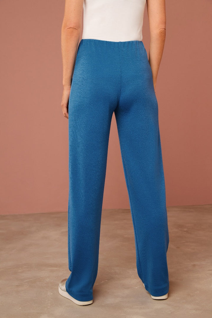 Lily Ella Collection chic blue knitted trousers for women, comfortable high-waist style, versatile for casual and smart wear, soft texture detailing, elegant work-to-weekend apparel.