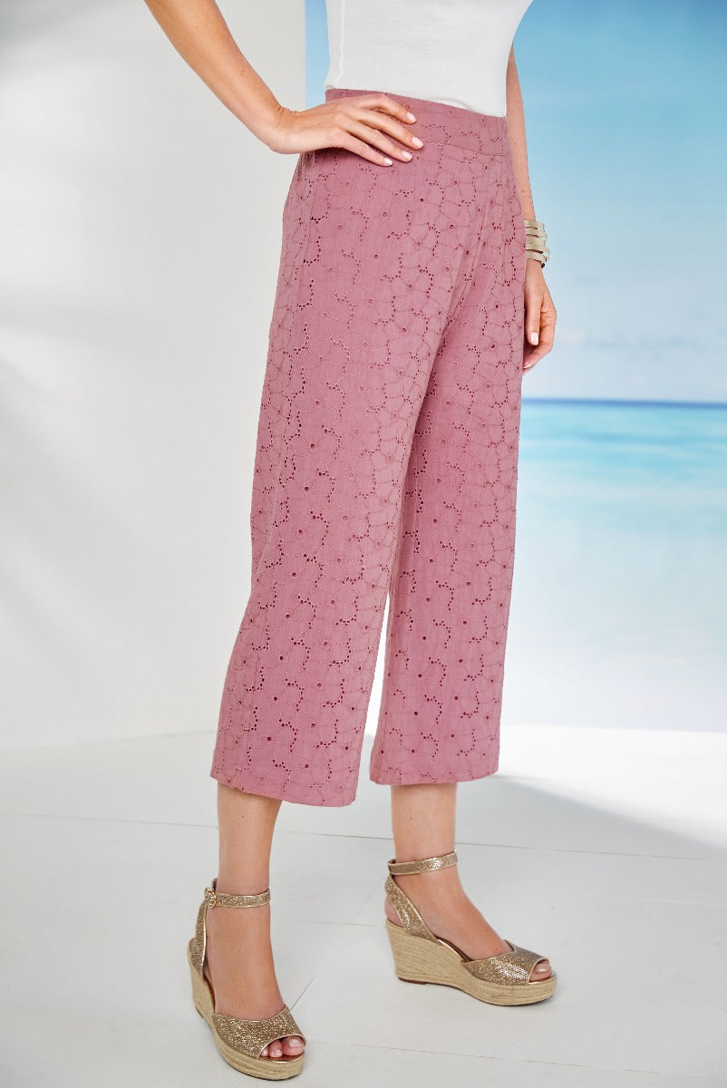 Lily Ella Collection women's dusty pink crochet lace culottes fashionable mid-calf length trousers with comfortable fit and stylish wedge sandals.