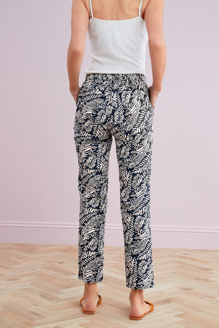 Lily Ella Collection navy blue and white patterned trousers, comfortable fit, stylish leaf print, women's fashion, casual wear.