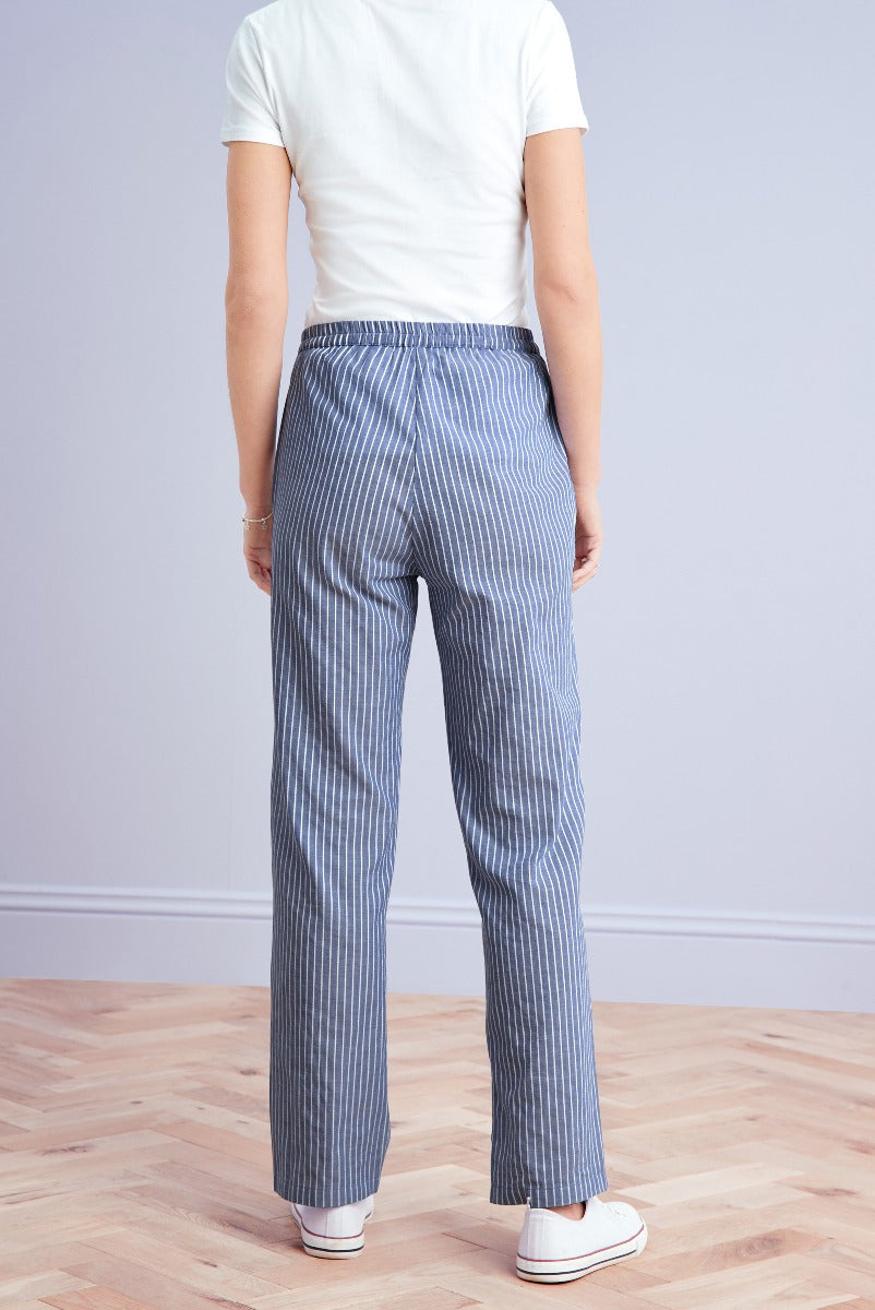 Lily Ella Collection blue and white striped trousers for women, comfortable casual summer style, rear view showing fit and design details