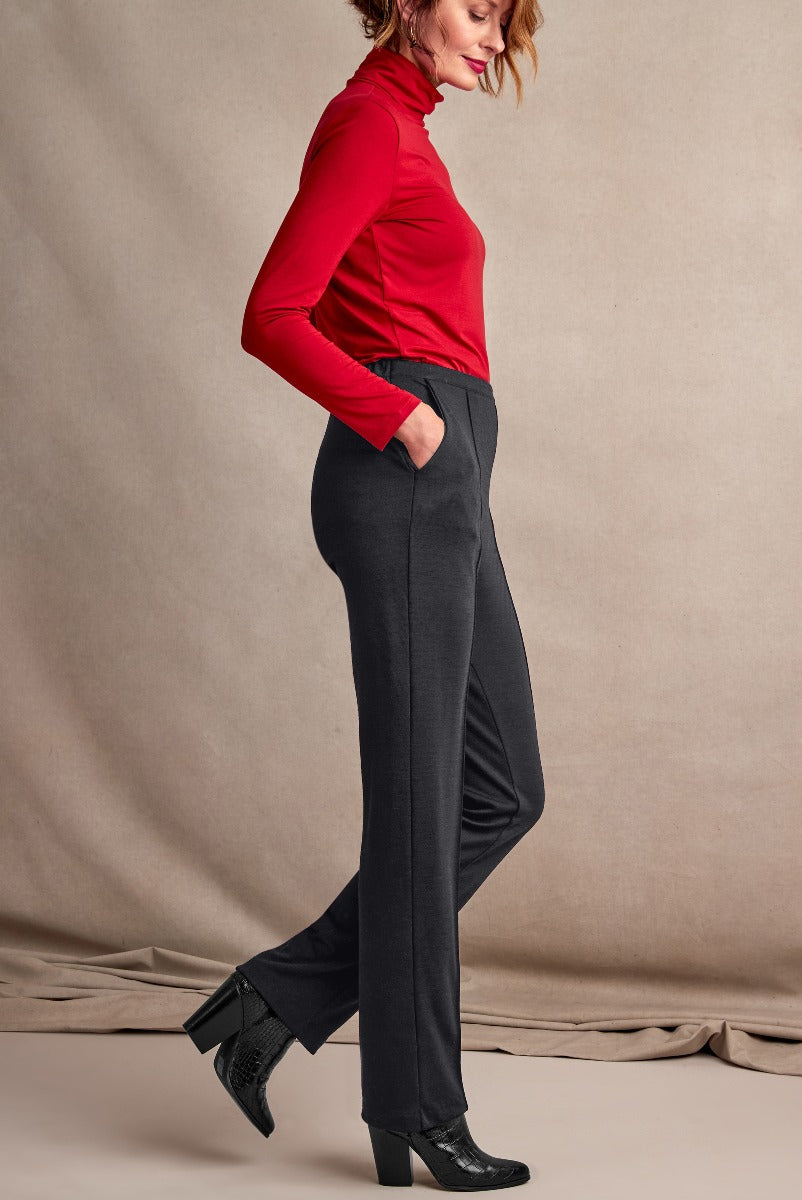 Lily Ella Collection elegant red turtleneck top paired with classic charcoal wide-leg trousers, sophisticated women's fashion, high-quality clothing ensemble