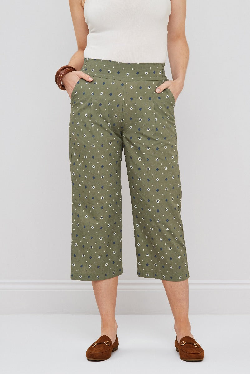Lily Ella Collection olive green printed culottes with floral pattern, women's spring fashion, comfortable fit, paired with brown loafers.