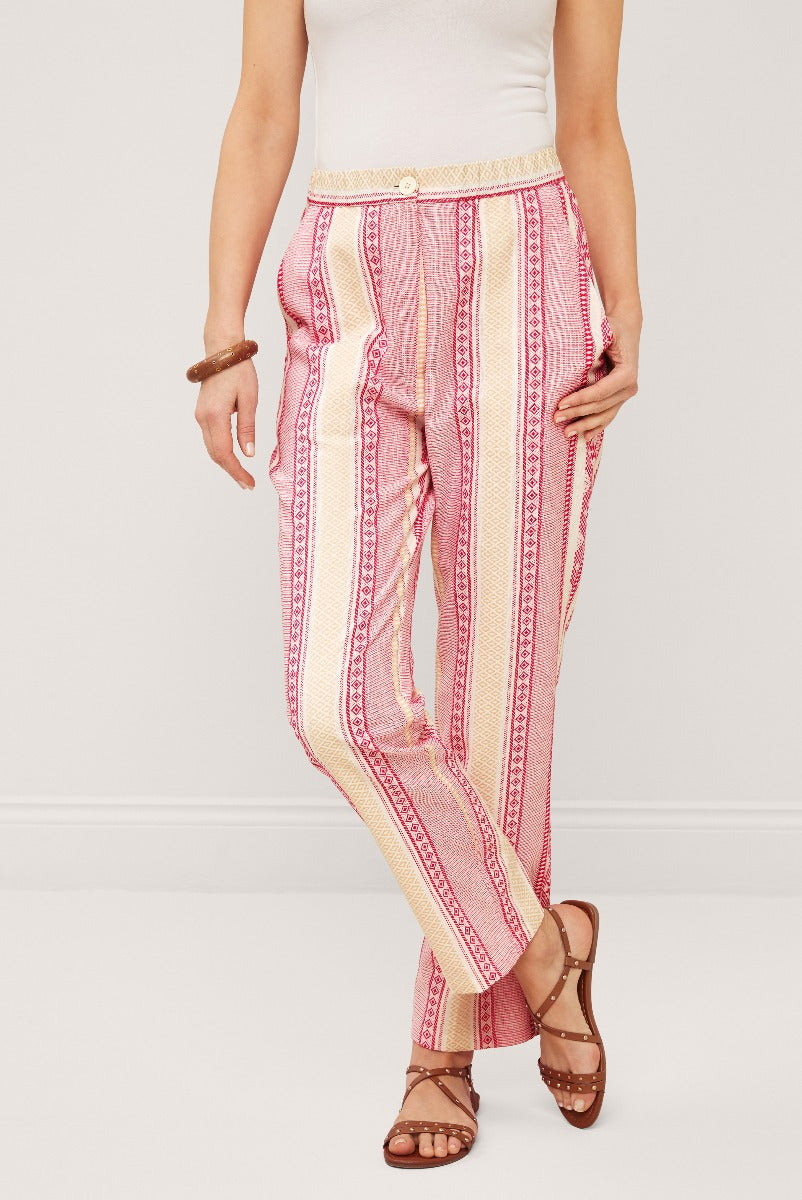 Lily Ella Collection women's casual striped pink trousers with bohemian pattern, comfortable fit and elastic waistband, paired with brown sandals.