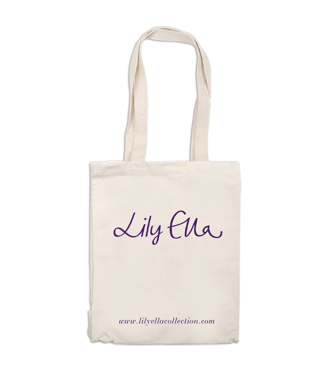 Lily Ella Collection classic beige cotton tote bag with purple logo, stylish everyday accessory for women's fashion, eco-friendly reusable shopping bag.