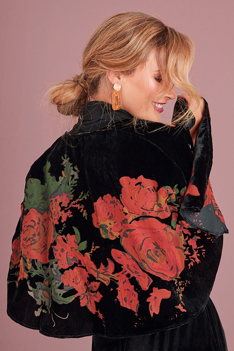 Lily Ella Collection black velvet kimono with red floral design, stylish women's overgarment, elegant bohemian look, fashionable outfit accessory
