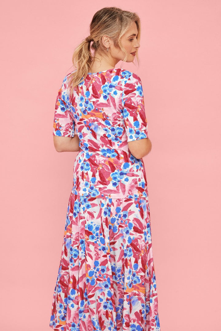 Lily Ella Collection floral print dress in pink and blue, stylish midi dress for women, elegant garden party attire, summer fashion trends, back view of model showcasing clothing design