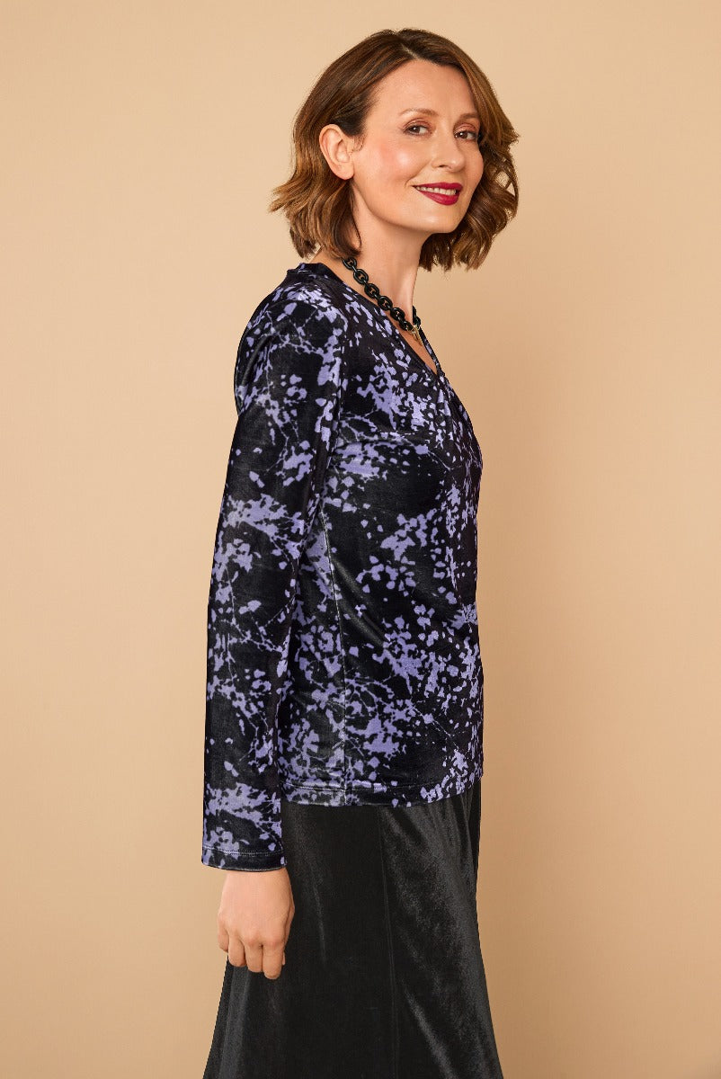 Lily Ella Collection navy blue abstract print top paired with black velvet skirt, sophisticated casual style, women's fashion clothing.