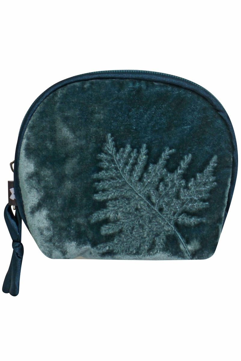 Lily Ella Collection teal velvet cosmetic bag with embossed fern design, stylish travel accessory for women