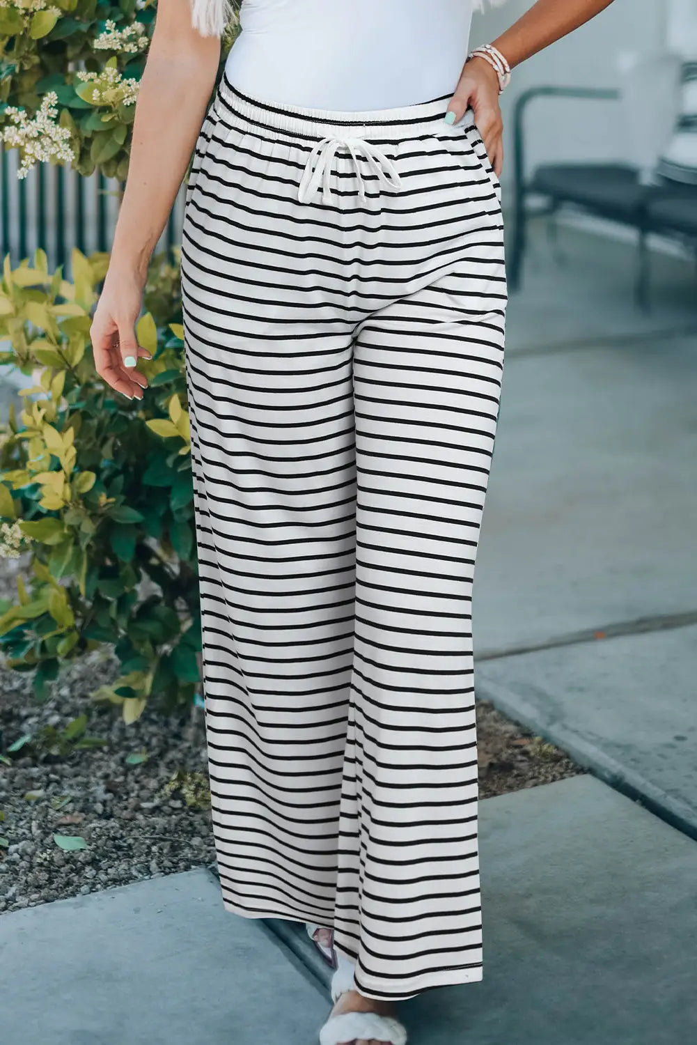 White Drawstring Striped Wide Leg Pants-1