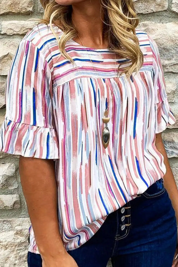 White Stripe Blouse - Ruffled Short Sleeve Plus Size-0