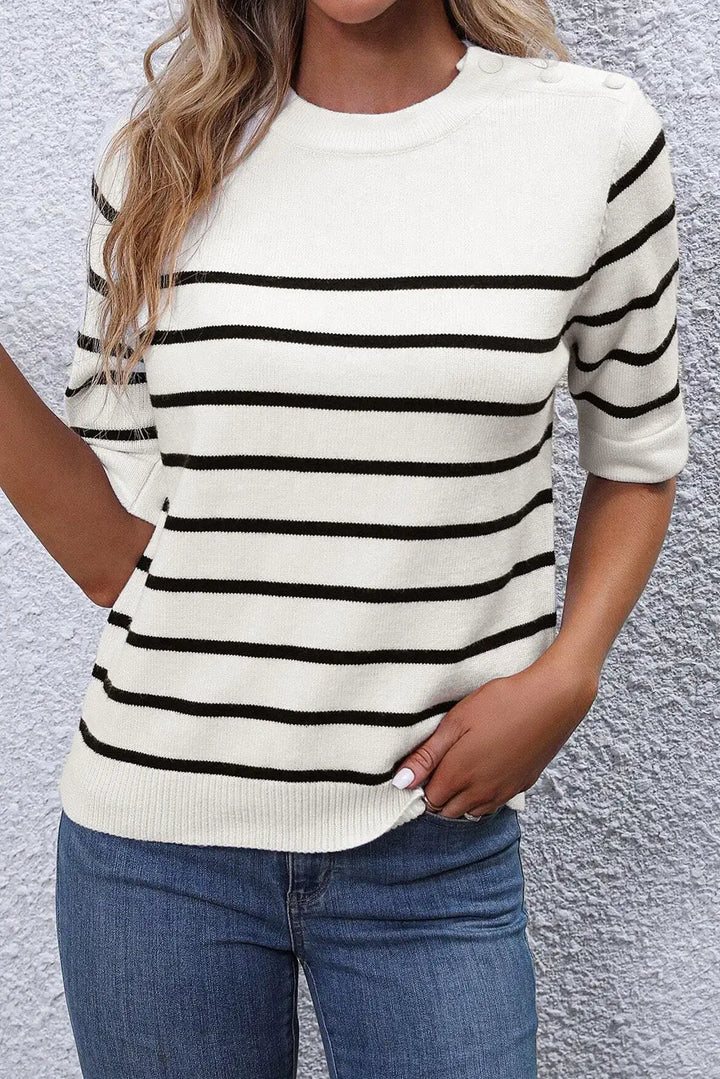 White Stripe Striped Half Sleeve Knitted Tee-2