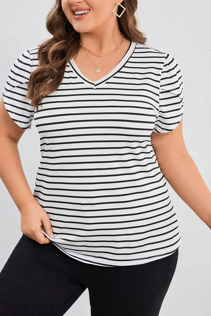 White Stripe V Neck Petal Sleeve Plus Size T-Shirt-4