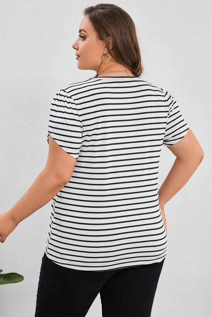 White Stripe V Neck Petal Sleeve Plus Size T-Shirt-1