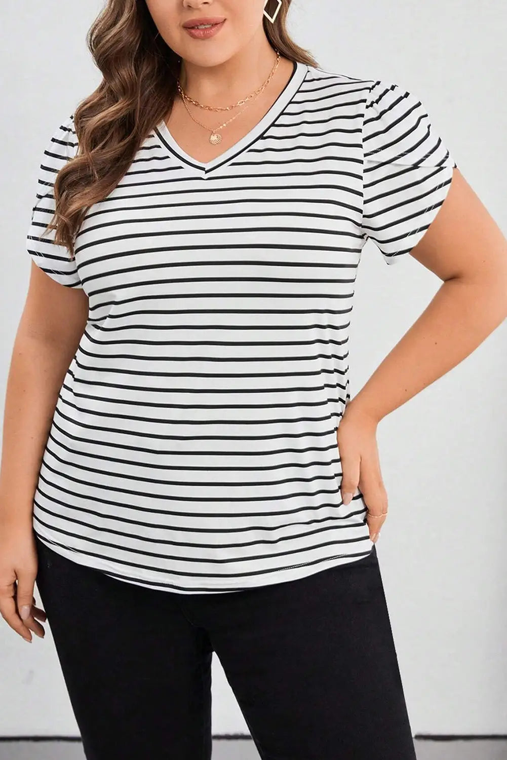 White Stripe V Neck Petal Sleeve Plus Size T-Shirt-3