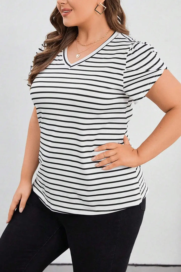 White Stripe V Neck Petal Sleeve Plus Size T-Shirt-2