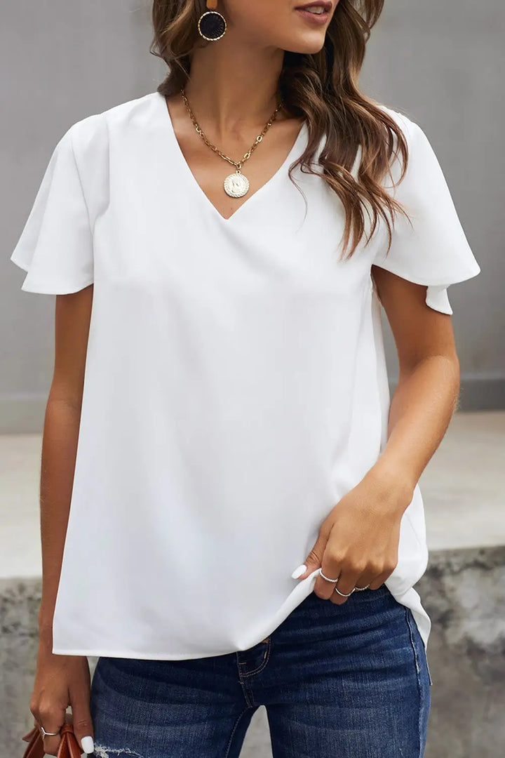 White V Neck Short Sleeve Tee-0