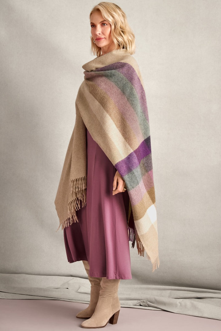 Lily Ella Collection elegant mauve midi dress paired with beige and pastel striped blanket shawl and suede ankle boots for a chic autumn look