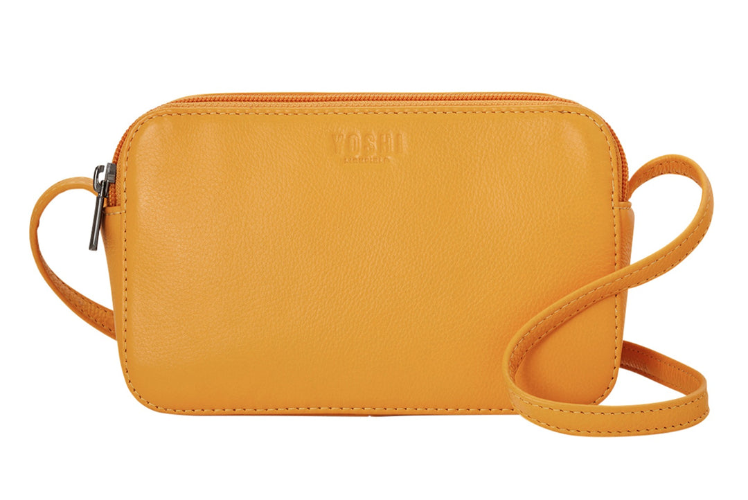Yoshi mustard yellow leather crossbody bag with adjustable strap and logo embossing from Lily Ella Collection