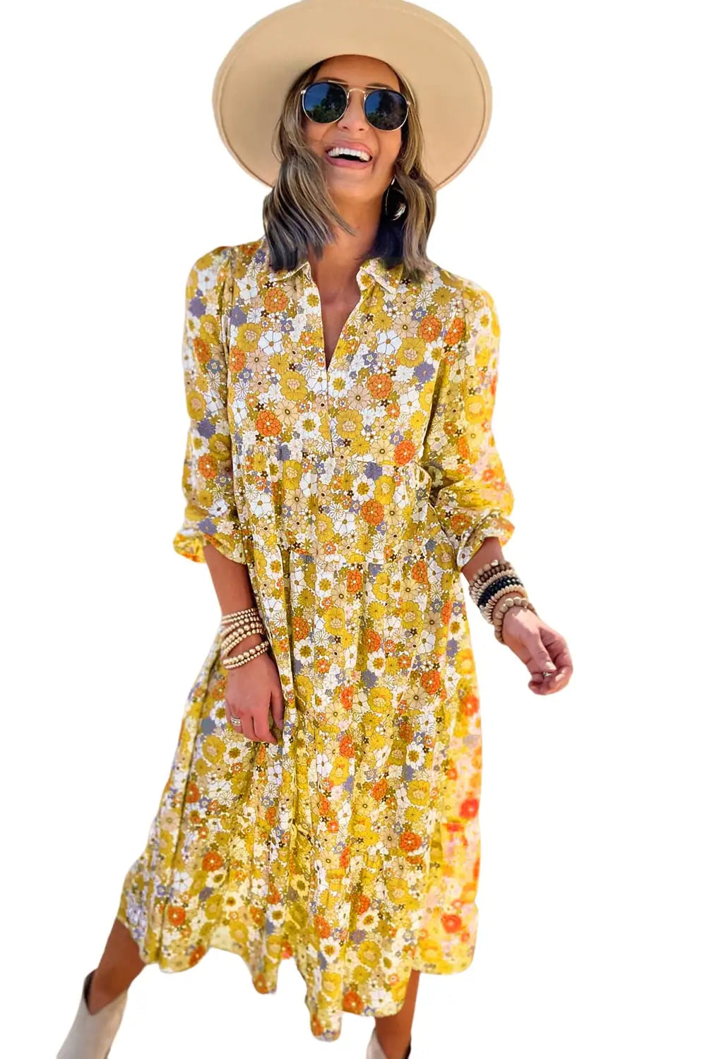 Yellow Boho Floral Collared Long Sleeve Ruffled Dress-3
