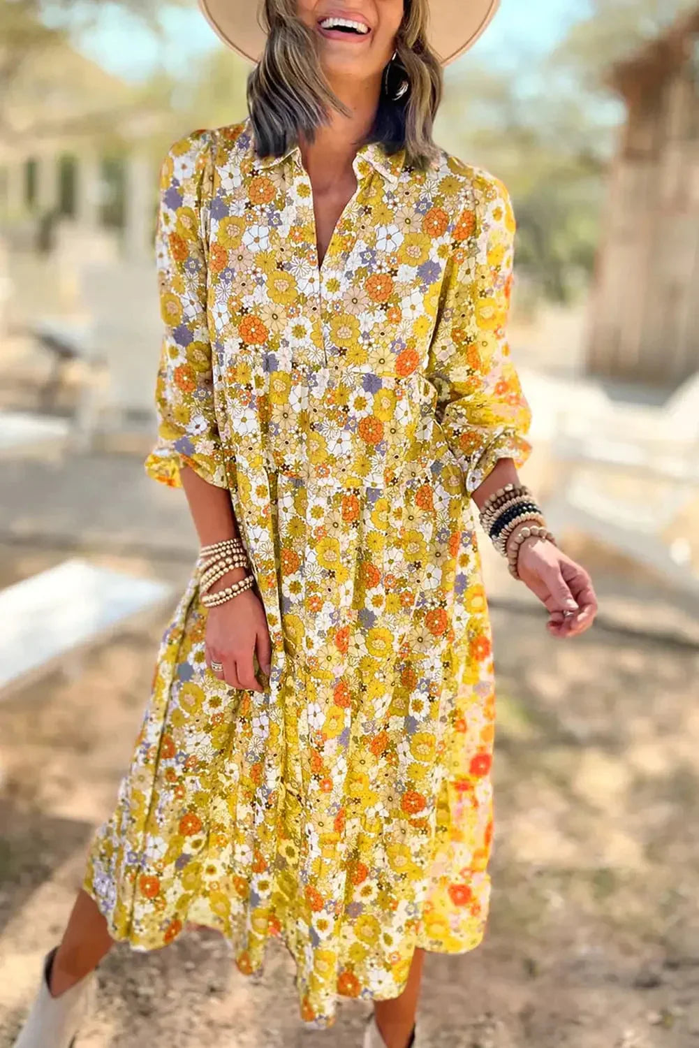 Yellow Boho Dress - Floral Collared Long Sleeve Ruffled-0